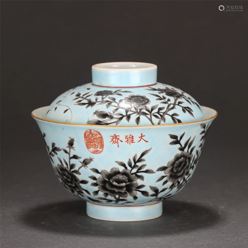 A CHINESE BLUE GROUND BLACK FLORAL BOWL AND COVER