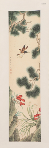 A CHINESE PAINTING OF FLOWERS AND BIRDS