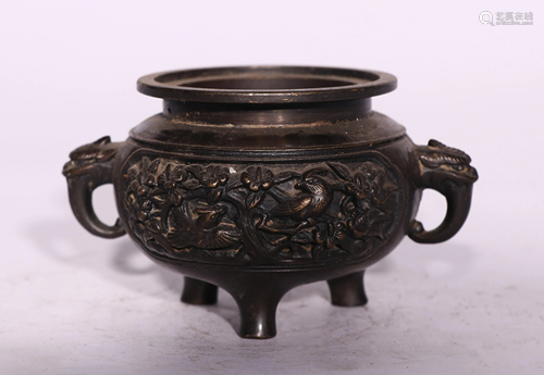 A CHINESE BRONZE TRIPOD CENSER WITH BEAST HANDLES