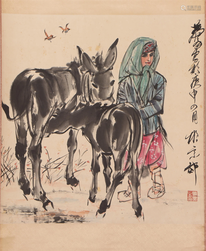 A CHINESE PAINTING OF DONKEYS AND GIRL