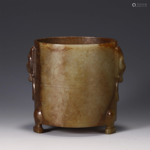 A CHINESE TUBE SHAPE JADE TRIPOD CENSER