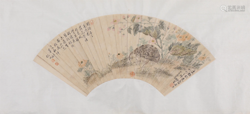 A CHINESE FAN SHAPE PAINTING OF FLOWERS AND BIRDS