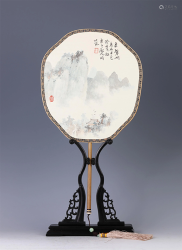 A CHINESE HAND PAINTING MOUNTAINS LANDSCAPE COURT FAN