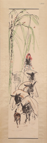 A CHINESE PAINTING OF DONKEYS AND GIRL