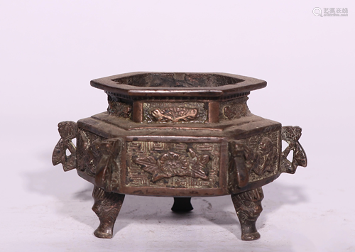 A CHINESE BRONZE TRIPOD HEXAGONAL CENSER