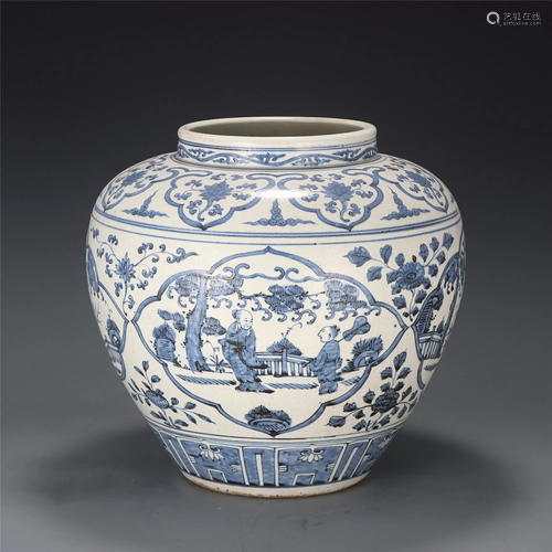 A CHINESE BLUE AND WHITE FIGURES STORY JAR