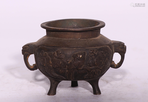 A CHINESE BRONZE CENSER WITH ELEPHANT HANDLES