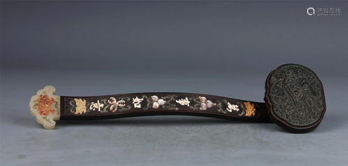 A CHINESE ZITAN INLAID GEMSTONE RUYI SCEPTER