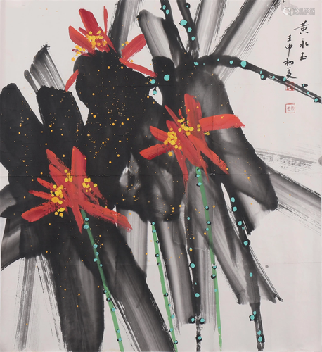 A CHINESE PAINTING OF LOTUS FLOWERS