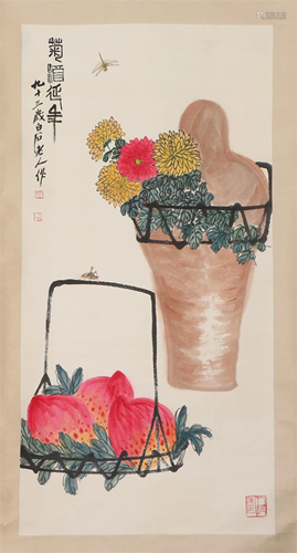 A CHINESE PAINTING OF FLOWERS AND PEACHES