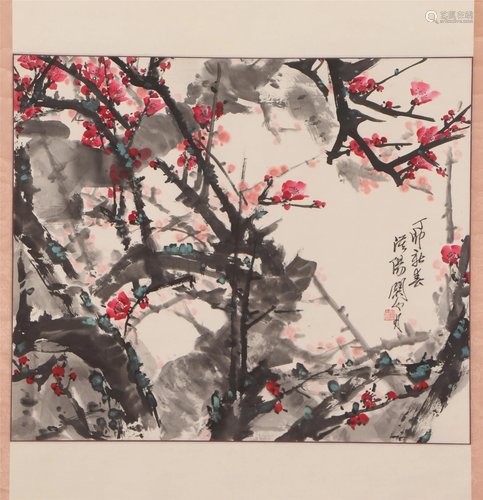 A CHINESE PAINTING OF RED PLUM BLOSSOM FLOWERS