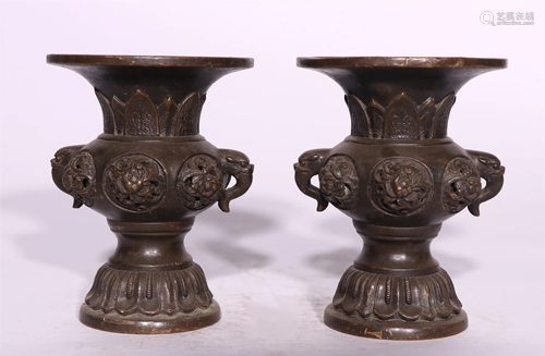 PAIR OF CHINESE DOUBLE-HANDLED BRONZE VASES