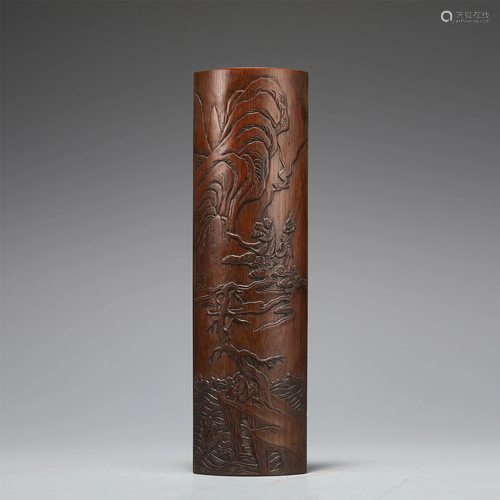 A CHINESE LANDSCAPE-FIGURES BAMBOO ARM REST