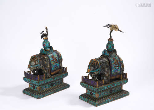 A pair of Cloisonne enamel 'elephant' ornament