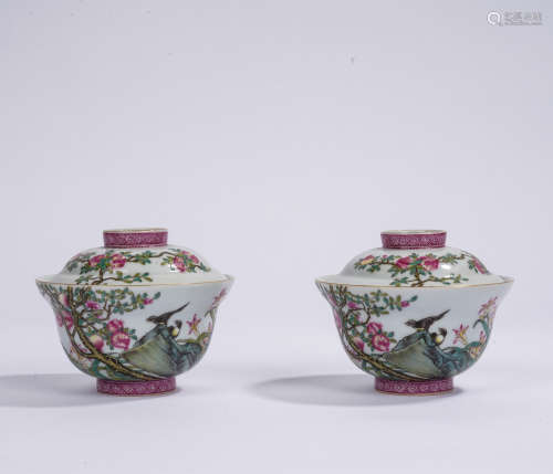 A pair of famille-rose 'floral and birds' bowl