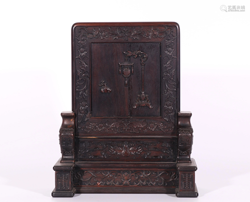 A CHINESE CARVED ZITAN TABLE SCREEN