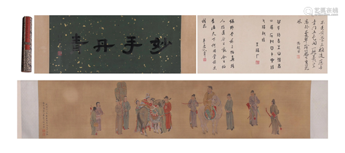 A CHINESE PAINTING OF FIGURE STORY WITH CALLIGRAPHY