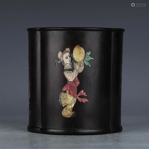 A CHINESE ZITAN INLAID MOTHER OF PEARL BRUSH POT