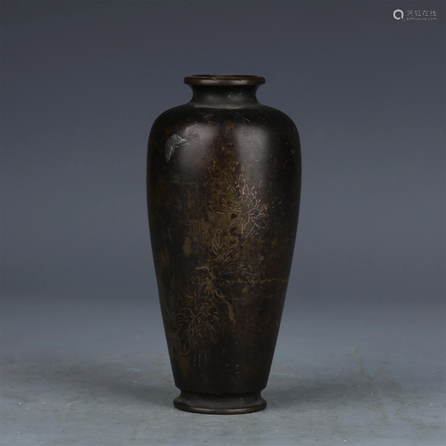 A CHINESE BRONZE PAINTED GOLD AND SILVER FLORAL VASE