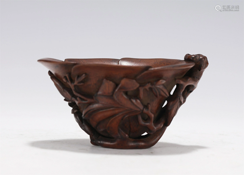 A CHINESE BAMBOO CARVED FLORAL CUP