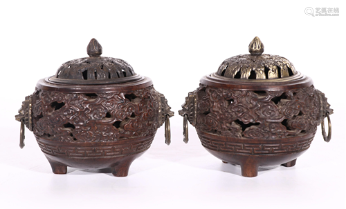 PAIR OF CHINESE CARVED ZITAN INCENSE BURNERS