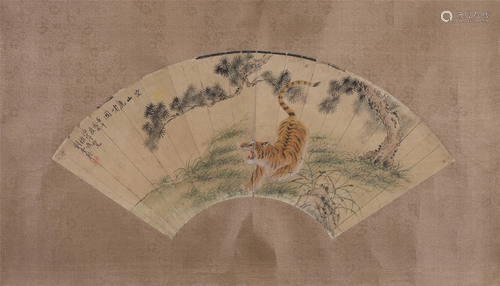 A CHINESE FAN SHAPE PAINTING OF TIGER