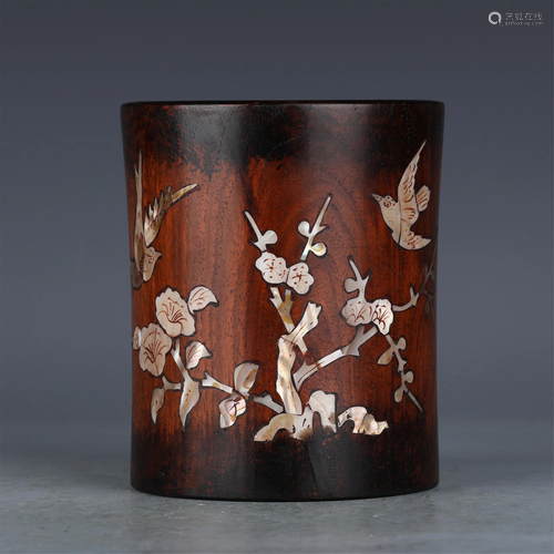 A CHINESE HARDWOOD INLAID MOTHER OF PEARL BRUSH POT