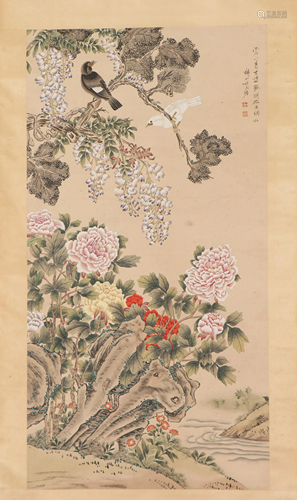 A CHINESE PAINTING OF FLOWERS AND BIRDS