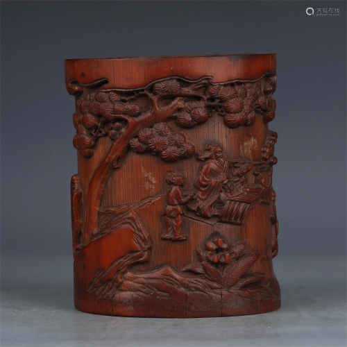 A CHINESE BAMBOO CARVED FIGURE STORY BRUSH POT