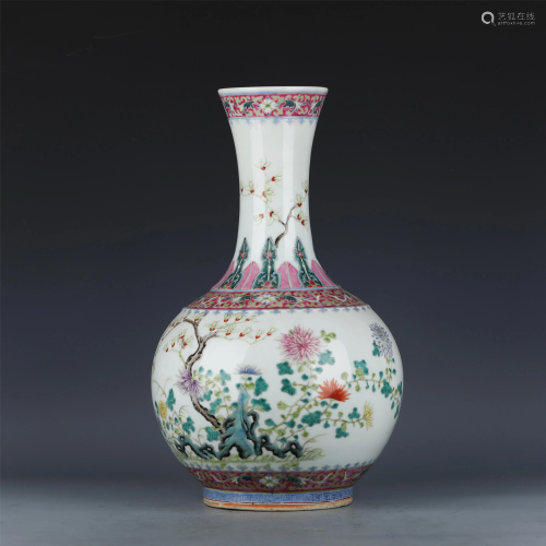 A CHINESE FAMILLE ROSE PORCELAIN FLORAL VIEWS VASE
