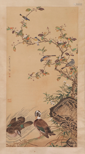 A CHINESE PAINTING OF FLOWERS AND BIRDS