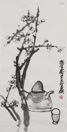 A CHINESE PAINTING OF PLUM BLOSSOM FLOWERS