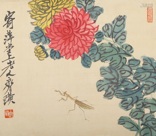 A CHINESE PAINTING OF FLOWERS AND INSECTS