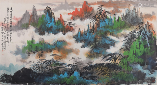 A CHINESE PAINTING OF GREEN MOUNTAINS LANDSCAPE