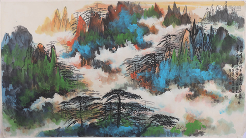 A CHINESE PAINTING OF GREEN MOUNTAINS LANDSCAPE