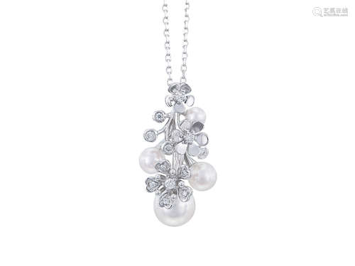 MIKIMOTO 珍珠配鑽石吊咀鑲18K白金配18K白金頸鍊(2)