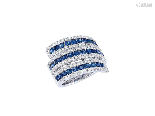 藍寶石配鑽石戒指鑲18K白金