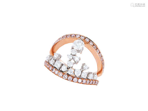 粉紅鑽配鑽石戒指鑲18K玫瑰金及白金