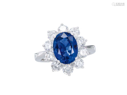3.22卡拉「斯里蘭卡」藍寶石配鑽石戒指鑲18K白金 附GRS證書