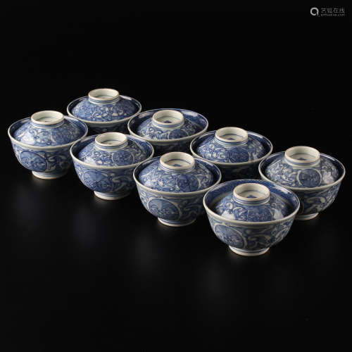 中国美術 青花蓋茶碗 八客