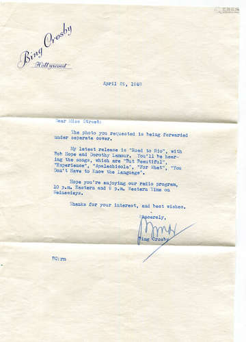 AUTOGRAPHS. A typed letter signed in ink by Bing Crosby date...