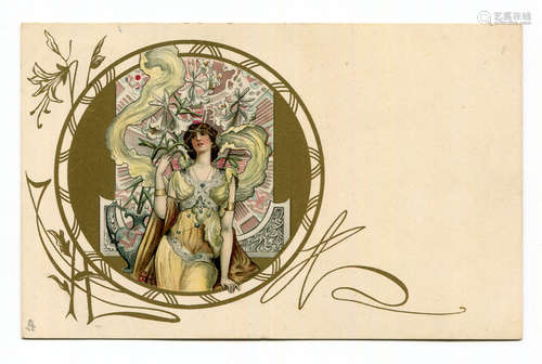 A group of 8 Art Nouveau colour lithographic postcards, incl...