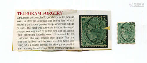 A Stock Exchange stamp forgery 1872 1 shilling green plate 5...
