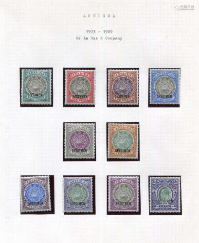 An album of stamps, including a set of Antigua 1903-1909 De ...