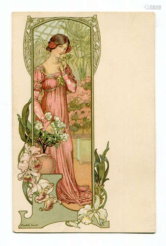 A pair of Art Nouveau colour lithographic postcards by Eliza...