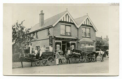 A photographic postcard of W.L. Gregory Bakery in Sedlescomb...