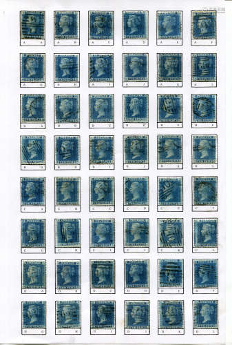 An 1858 2d blue stamp, plate 9 reconstruction 240 stamps cle...