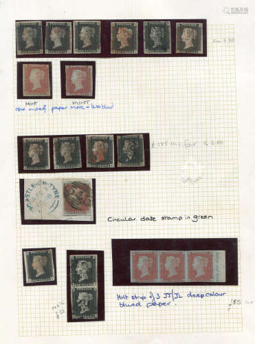 An album page with 13 1d black stamps, including a vertical ...
