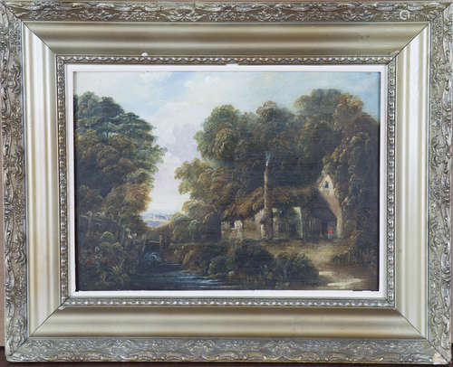 British School - Landscape with River and Thatched Cottage, ...