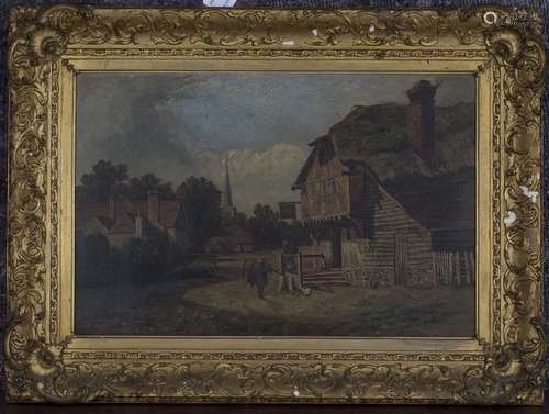 British School - Village Scene with Two Figures outside the ...